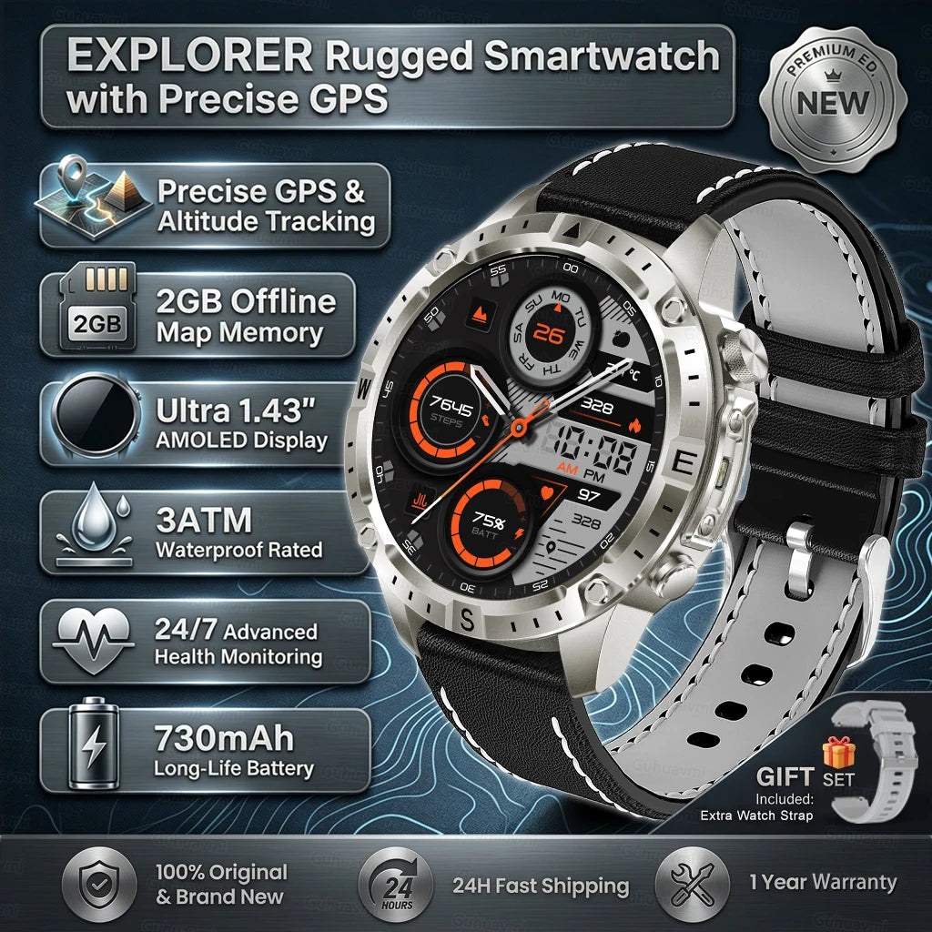 GPS Smart Watch for Men 2G ROM GPS Offline Maps Waterproof Swim Hiking Fitness Tracker Sleep SpO2 Rugged Durable Smartwatch GPS