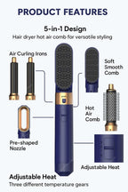 5 In 1 Hair Dryer And Hot Air Comb Brush With Curling Iron Hair Straightener For Fast Drying Curling Straightening And Styling