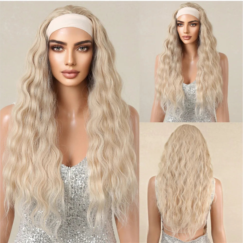 ALAN EATON Long Blonde Synthetic Headband Wig Ombre Blonde Straight Hair Wigs Natural Looking Heat Resistant Fiber for Daily Use
