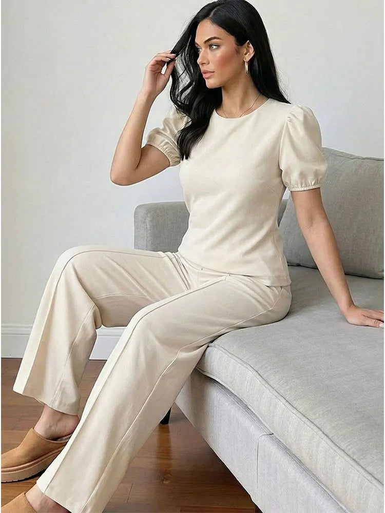 HH Women Elegant Beige Matching Set O Neck T-Shirt Solid Puff Sleeve Top Casual Lady Wide Leg Trousers High Street Chic Outfit Secondary image