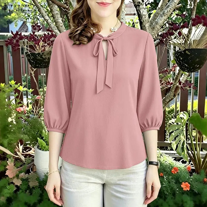 Summer Solid Color Blouse 2026 ZANZEA Women Tops Trend Casual O Neck Short Sleeve Blusas Female Elegant OL Work Shirt Mujer Secondary image