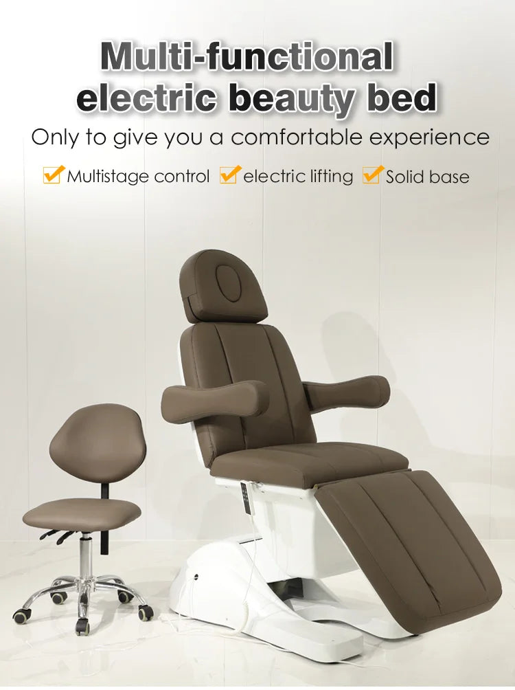 Multifunctional beauty salon equipment brown polyurethane leather 3 motor reclining electric massage face wash bed
