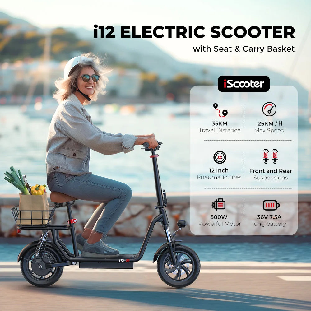 ISCOOTER i12 Adult Electric Scooter 500W Motor E- Scooter 36V7.5AH Battery Electric Scooter 12 Inch Road Tire Electric Scooter