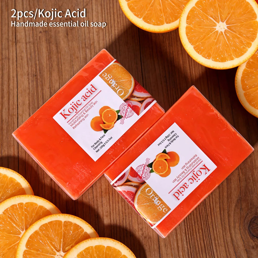 2Pcs/100G Kojic Acid Sweet Orange Handmade Essential Oil Soap Gently Cleanses Face and Body Handmade Soap