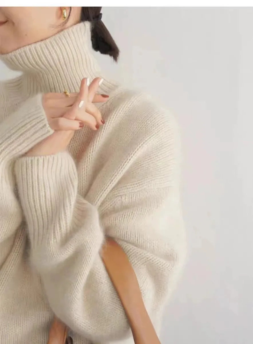 2023 autumn and winter turtleneck 100% pure cashmere women loose sweater thickened wool sweater cover lazy bottom