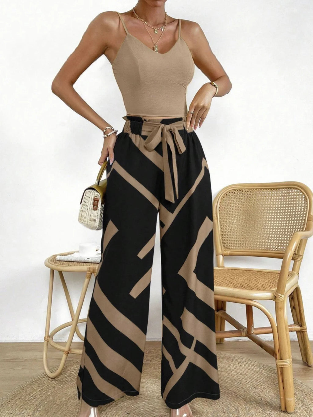 Solid Color Camisole And Printed Sash Wide-Leg Pants Set Women's Casual Comfortable Two-Piece Set with Wide Leg Pants