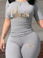 2026 women's new Paris printed two-piece set, casual short sleeved round neck T-shirt and tight pants long pants set