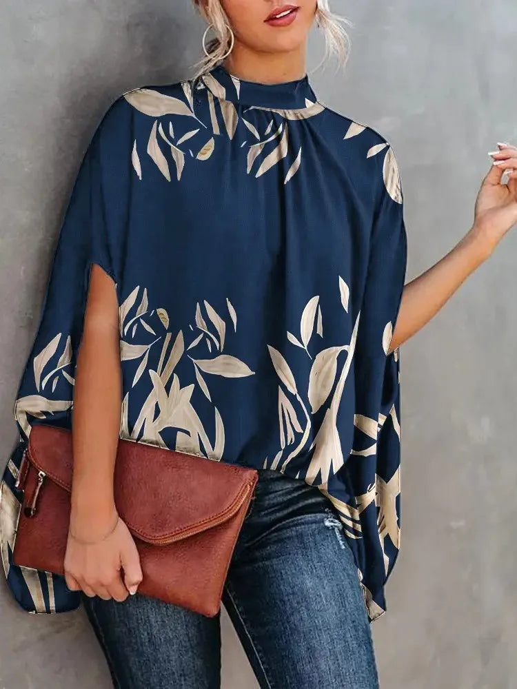 Casual Loose Women's Blouse Fashion Batwing Sleeve Print O-neck Shirts Top Spring Summer Office Lady Blouses Elegant Tops 2024 Main image