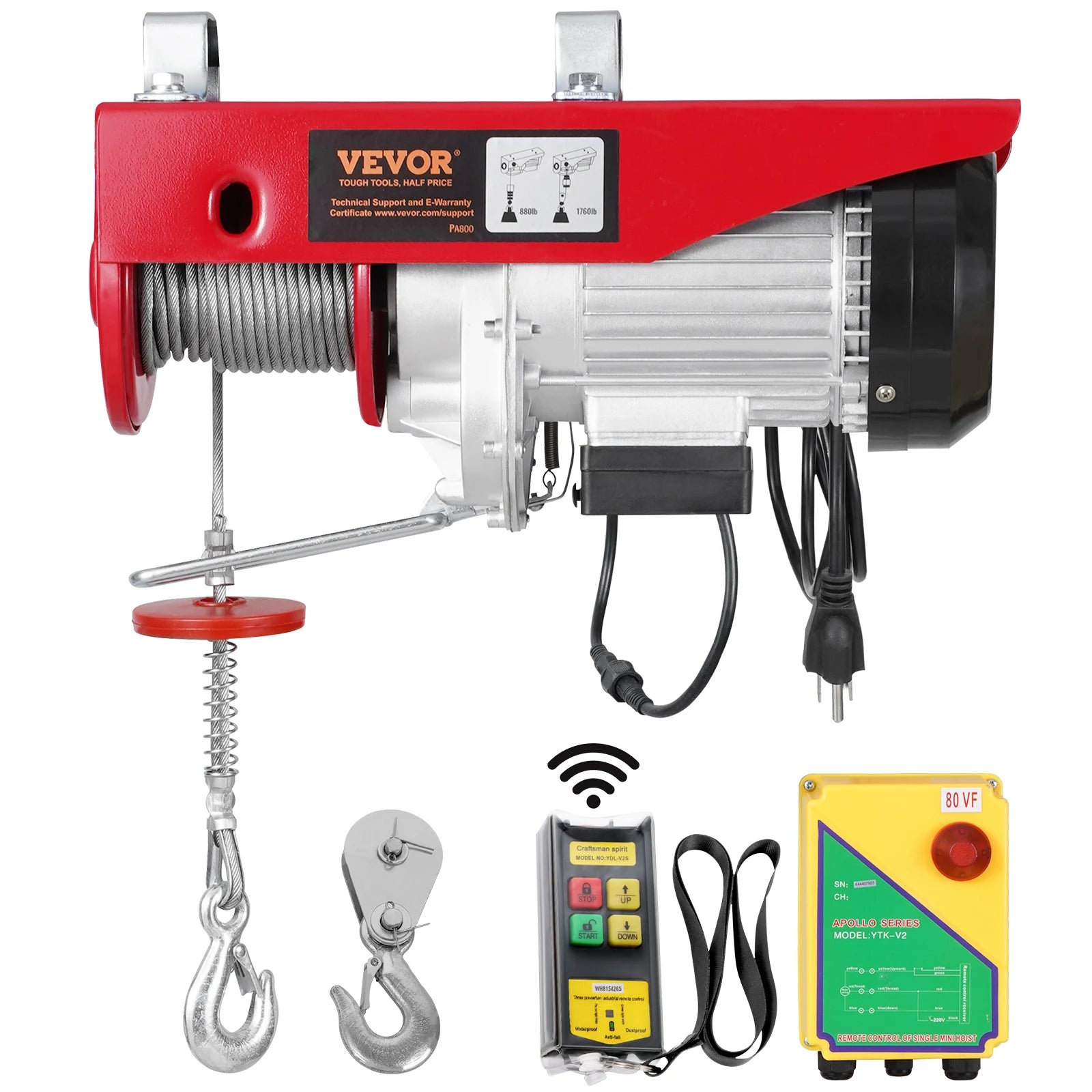 VEVOR 1320/1760/2200 lbs Electric Cable Hoist Winch with Wireless Remote Control & Emergency Stop for Garage Warehouse Lifting