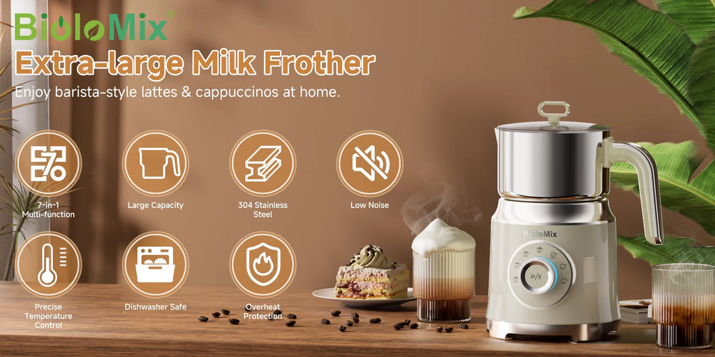 BioloMix 7-in-1 Detachable Electric Milk Frother Steamer Automatic Hot Cold Foam Maker for Coffee And Hot Chocolate