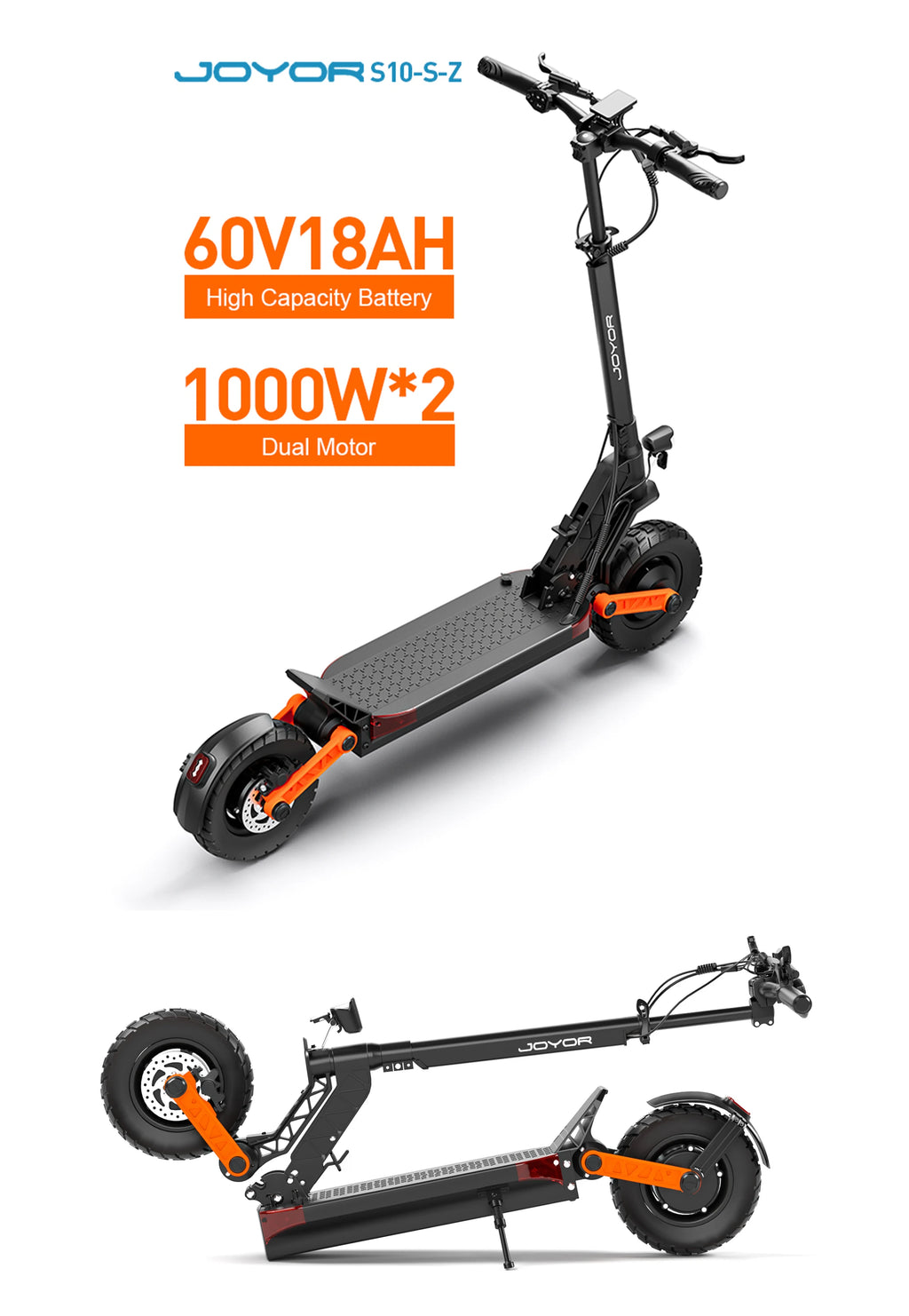 JOYOR S10-S-Z E Scooter 60V 18Ah Dual Motor 2000W 10 Inch Tire Adult Black Escooter Max Speed 65km/h Range 70-85km