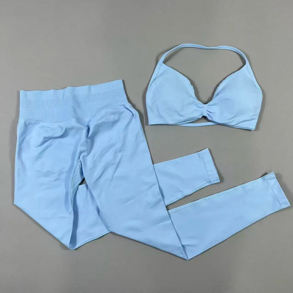 UETEEY Set For Woman Strappy Yoga Bra Sports Top Workout Leggings Set Seamless Gym Set Fitness Clothes Outfit Activewear