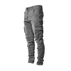 Men's street stretch denim jeans, washed solid color multi pocket work pants, casual slim fit, daily wear, jogging pants, mid wa
