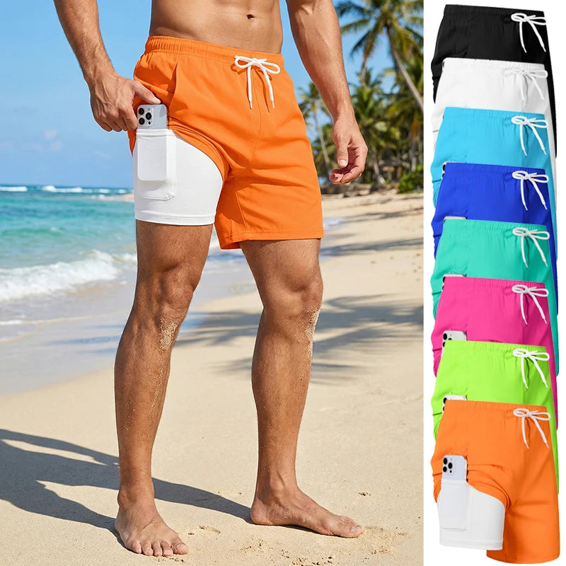 Mens Swim Trunks with Compression Liner Phone Pocket Summer Quick Dry Board Shorts Beach Shorts Swimwear Swimsuit Bathing Suits Main image