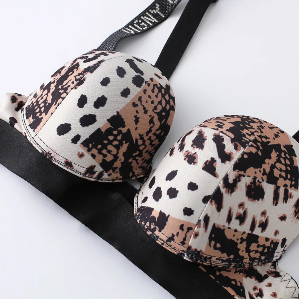Letter Rhinestone Sports Leopard Sexy Lingerie Set Gathered Push Up Seamless Bra Set Fashion Traceless Thin Fitness Underwear