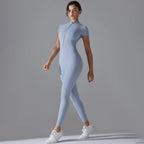 Naked zipper short sleeved yoga suit jumpsuit, quick drying breathable outdoor sports tight fitting jumpsuit, fitness suit