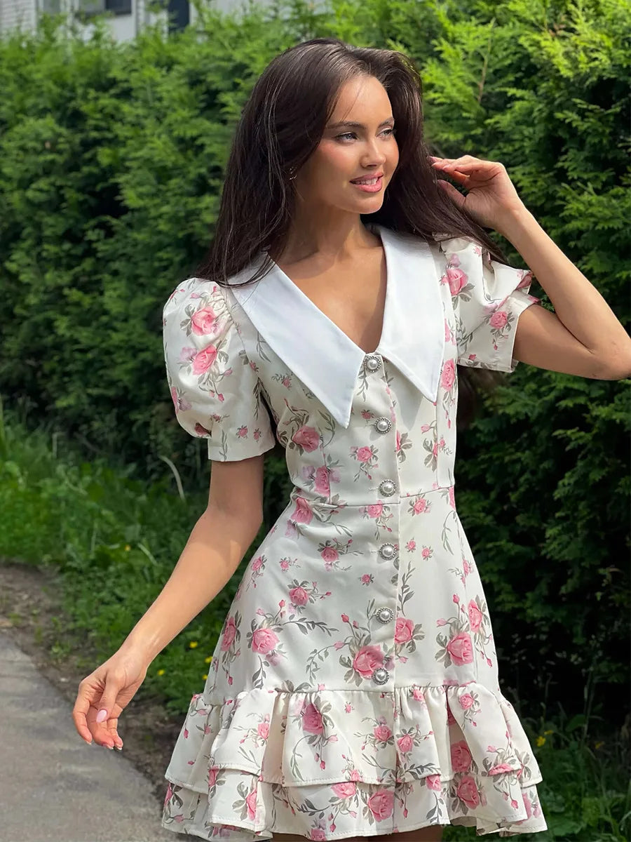 Tossy Printed Lapel Fashion Mini Dress Women's Short Sleeve Patchwork Contrast Elegant Summer Dress 2025 Female Bodycon Dress