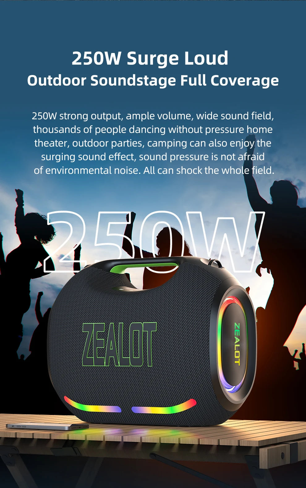 ZEALOT-ZE21 250W Portable Bluetooth Speaker High Volume Waterproof 48000mAh Wireless TWS Subwoofer Suporrt USB/TF/AUX RGB light