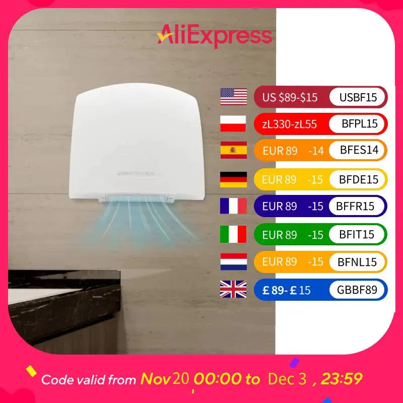 Electric Hand Dryer, Commercial Compact Air Hand Dryer, Automatic Hand Air Dryer  White 220-240V