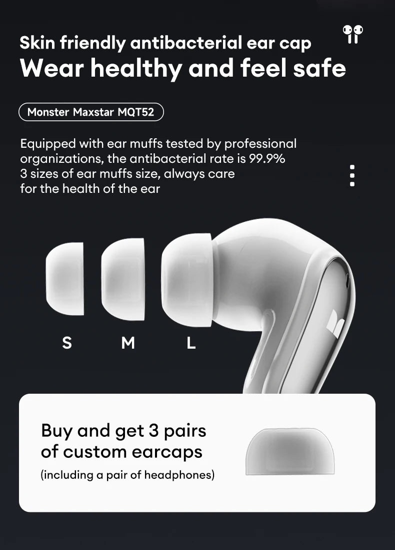 Monster MQT52 Bluetooth 5.4 Wireless Earphones 24H Long Battery Life Stereo Headphones Low Latency Gaming Dual Mode Headset Gift