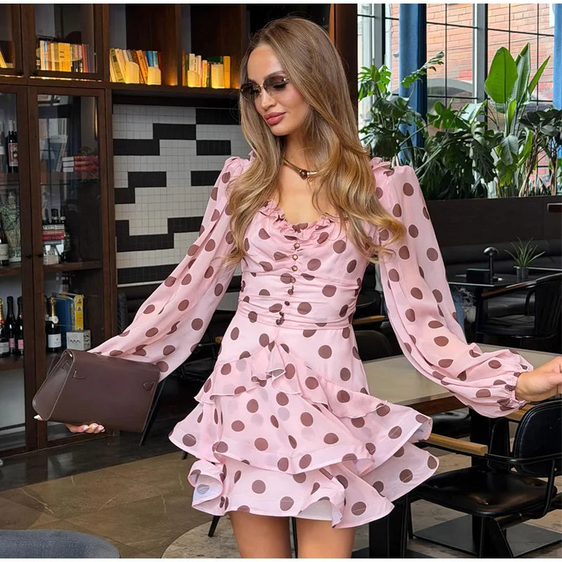 Elegant Polka Dots Casual Dress For Women Pink Ruffle Full Sleeve S Line Summer Dresses Lady New Fashion Street Robe 2026