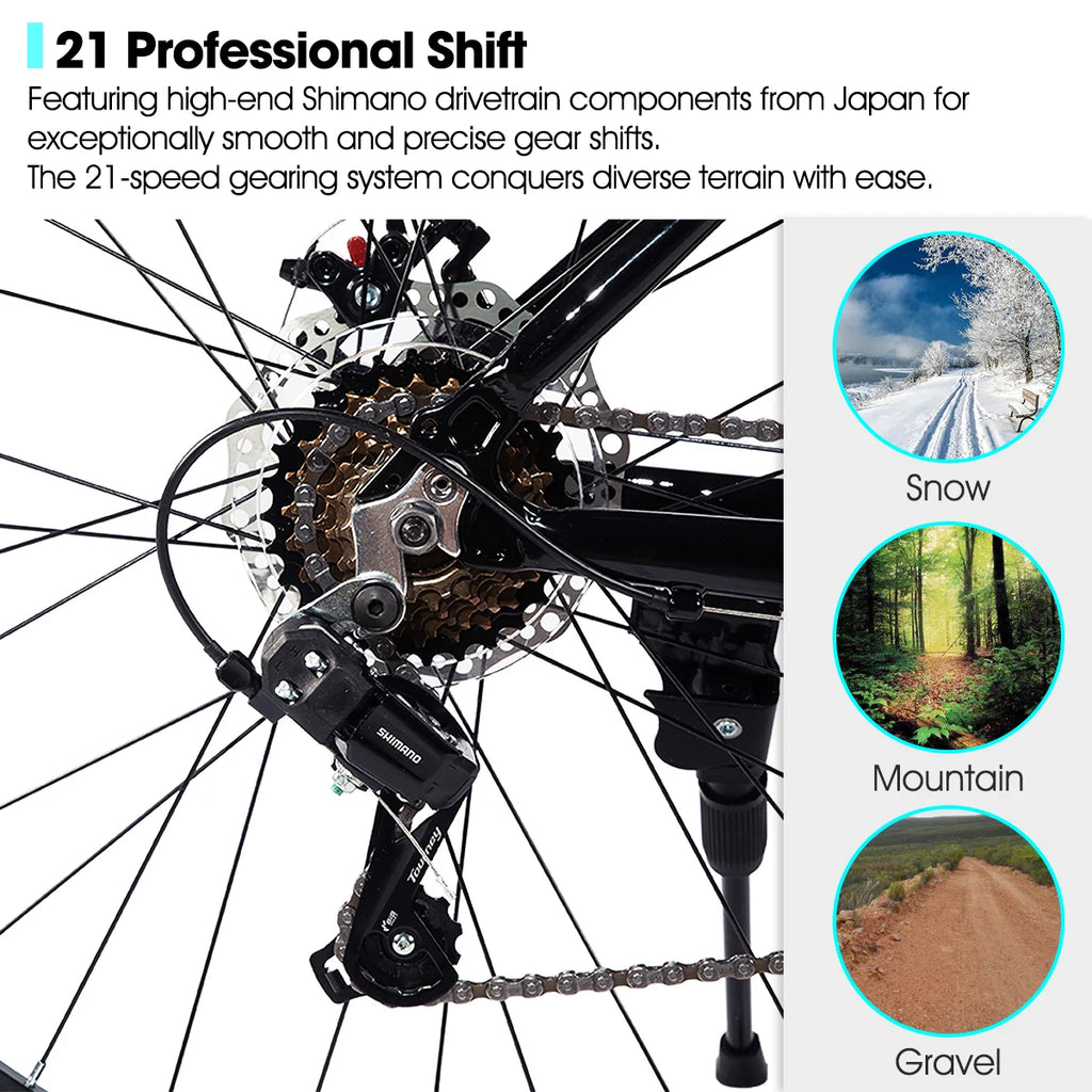 HILAND 26 inch aluminum alloy mountain bike for men and women, 21 speed bike with mechanical disc brakes, front suspension fork