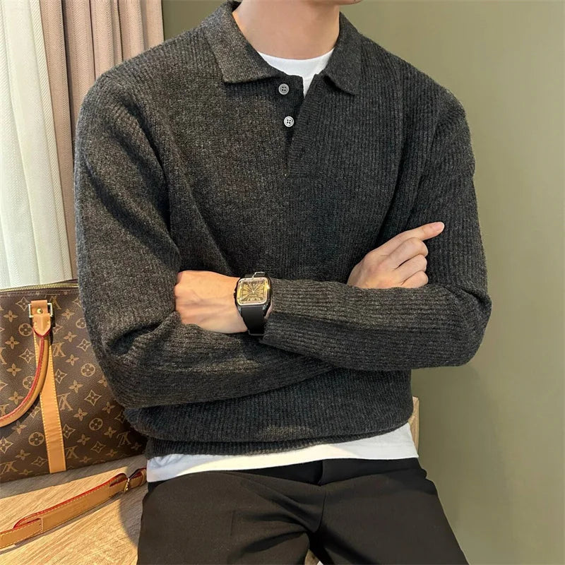 Winter Men's Solid Color Polo Neck Knitted Sweaters Casual Retro Warm Pullovers Knitwear Elegant Y2K Streetwear Jersey Hombre