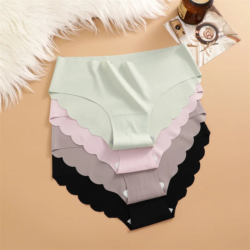 7PCS/Set Ice Silk Seamless Panties Women's Briefs Solid Color Elastic Underwear Female Ultra Thin No Trace Wavy Side Panties