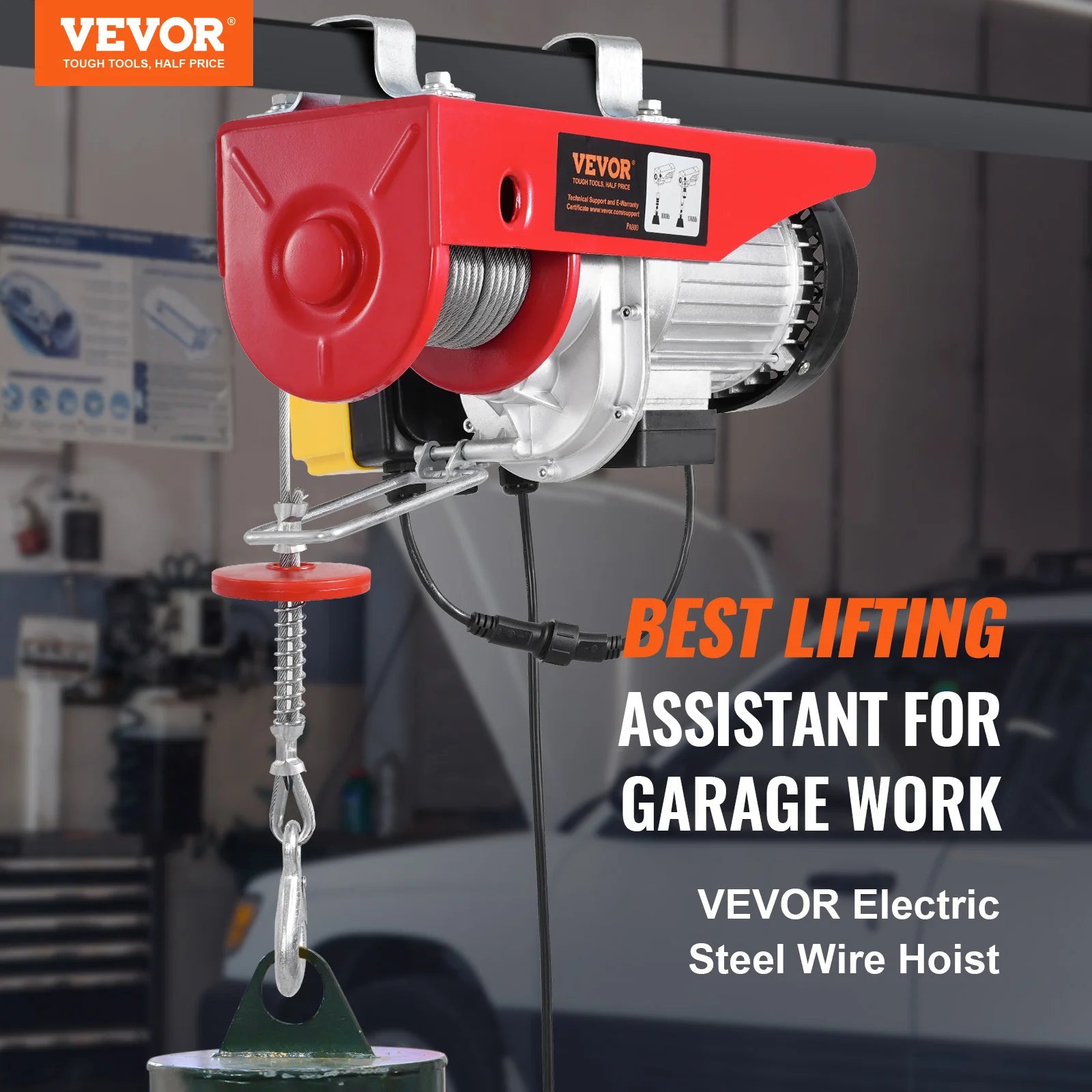 VEVOR 1320/1760/2200 lbs Electric Cable Hoist Winch with Wireless Remote Control & Emergency Stop for Garage Warehouse Lifting