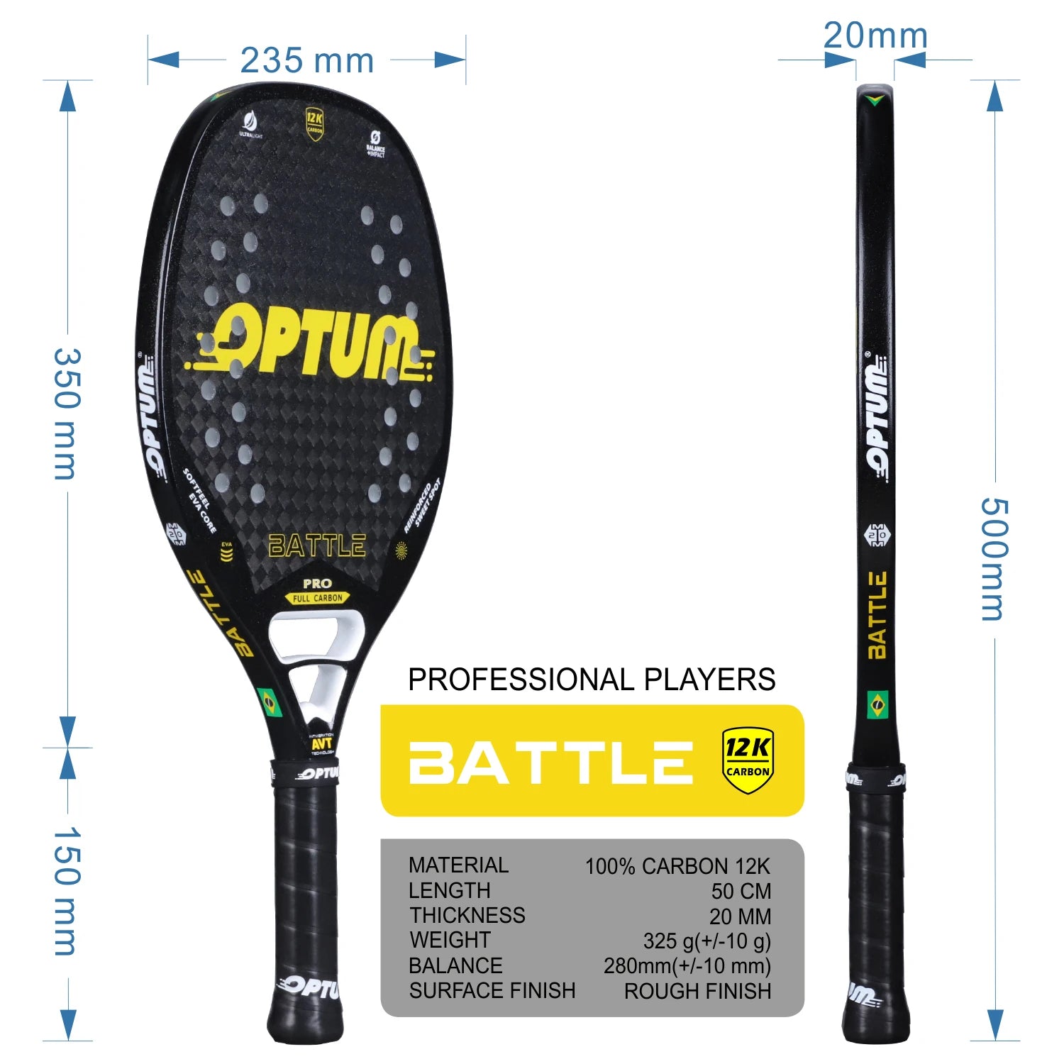 OPTUM BATTLE 12K Carbon Fiber Rough Surface Beach Tennis Racket With Cover Bag Secondary image