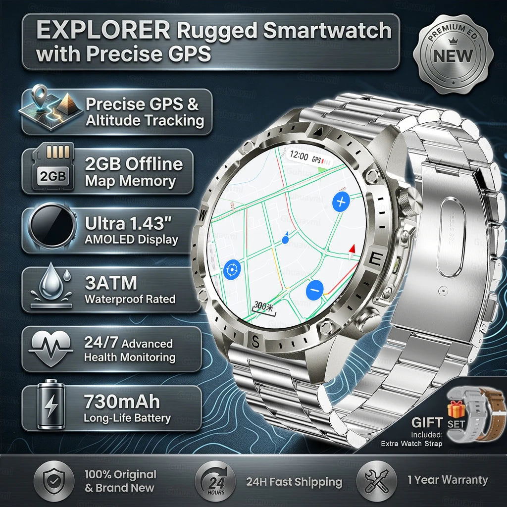 GPS Smart Watch for Men 2G ROM GPS Offline Maps Waterproof Swim Hiking Fitness Tracker Sleep SpO2 Rugged Durable Smartwatch GPS