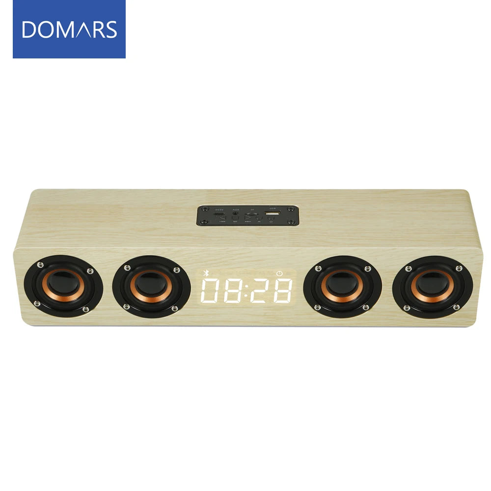 Domars Wireless Bluetooth 5.0 Speakers Wooden Alarm Clock Display Sound System Player with AUX TF FM Radio Subwoofer Box