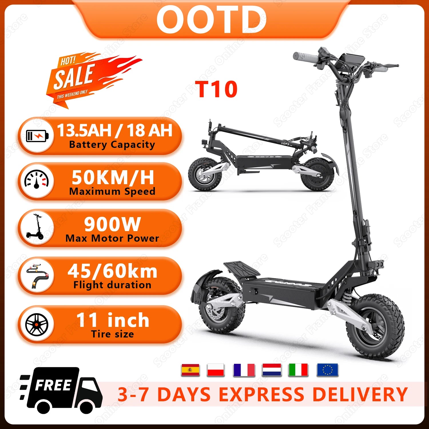 T10 Portable E-Scooter 900W Peak Power 48V 13.5/18 Ah Battery Electric Scooter for Adults 11inch Off-road Tire Scooters Electric Main image