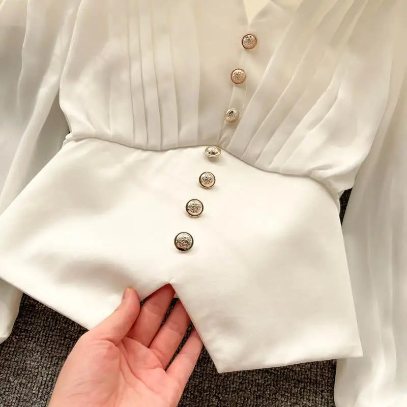 White Casual Polo-Neck Pullover Buttons Puff Sleeve Straight Women's Blouse Short Shirt Female Clothing Tops 2024 Fashion