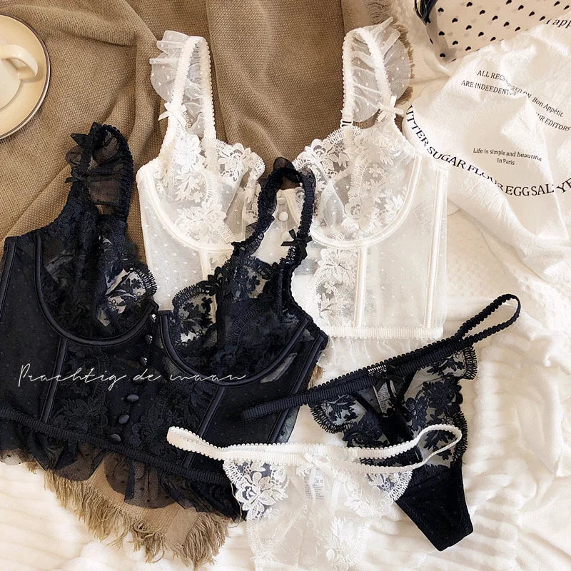 Hot Sale French Sexy Lingerie Set for Women Ultra Thin See Through Bra Panty Set Embroidery Lace Shaping Camisole Underwear Set Main image