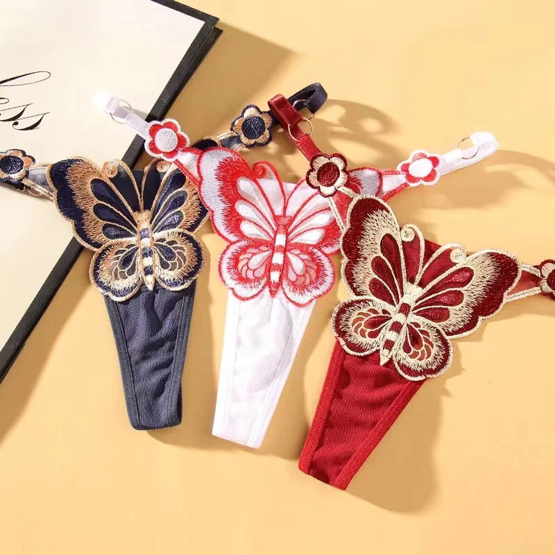 Sexy Lace Thong Women Butterfly Low Waist Panties G strings Transparent Mesh Briefs Adjustable Waist Panties Culotte Femme