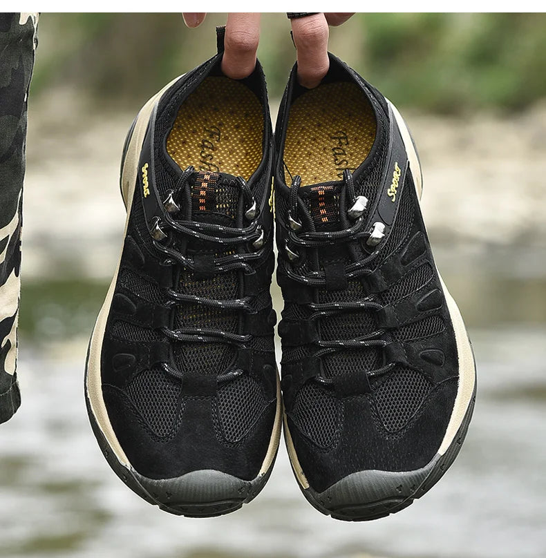 Spring Summer Leather Mesh Outdoor Trekking Shoes Hiking Shoes  Walking Tourism Camping Upstream Sneakers Anti-Slip Breathable