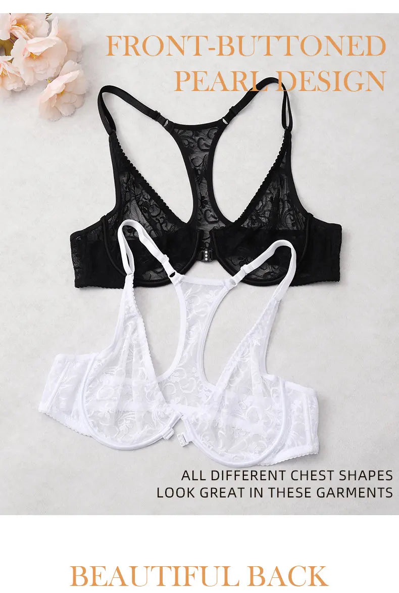 Front Button Women's Bra Lace Sheers Unpadded Sexy Lingerie BH Tops Flower knitting Brassiere Underwire Underwear Plus Size Bras