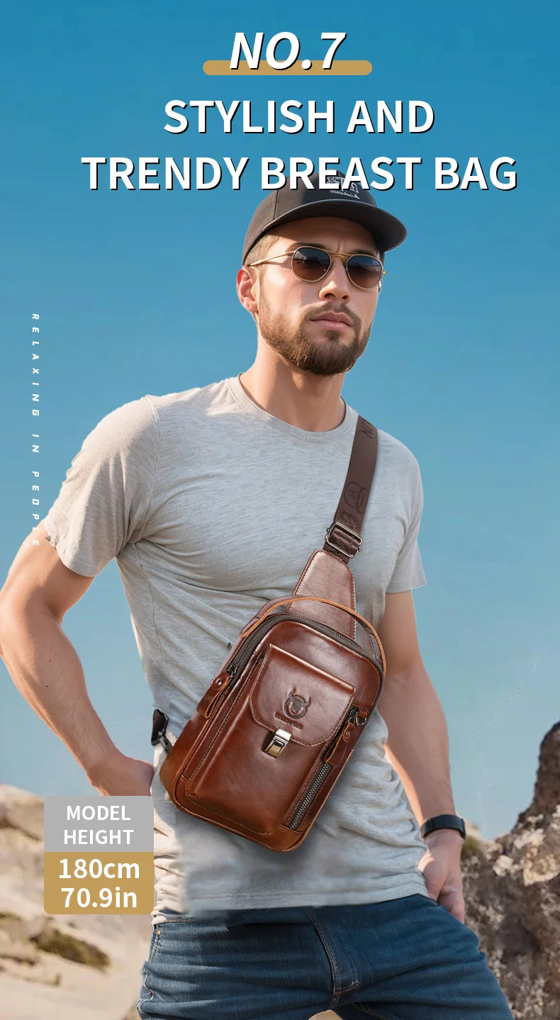 BULLCAPTAIN Men's Genuine Leather Chest Bag Casual Retro 7.9-inch Mobile Phone Bag Multifunctional Anti-Theft Crossbody Bag