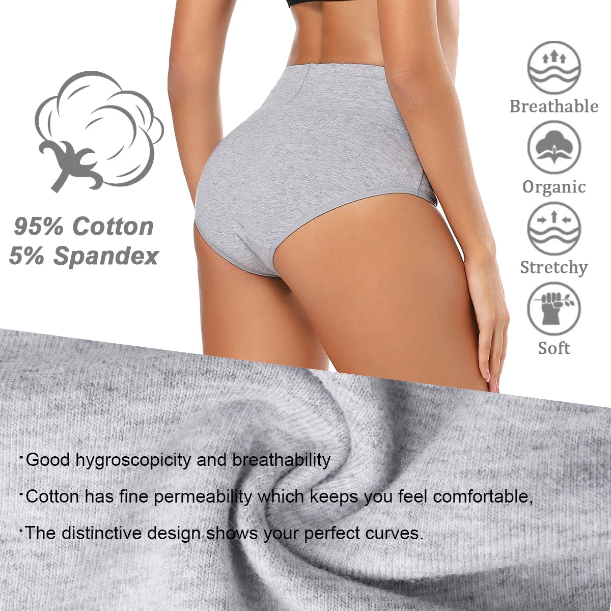 Molasus 5pcs Women's Cotton Panties Seamless Underwear High Waist Full Coverage Ladies Briefs Set Breathable Underpant Plus Size