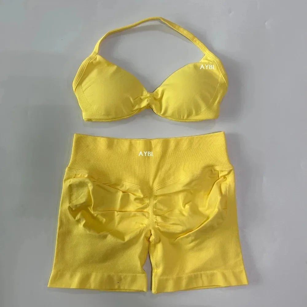 AYBL 2PCS Yoga Set Gym Set Women Strappy Yoga Bra Top High Waist Workout Scrunch Shorts Sports Suit Seamless Yoga Set Fitness
