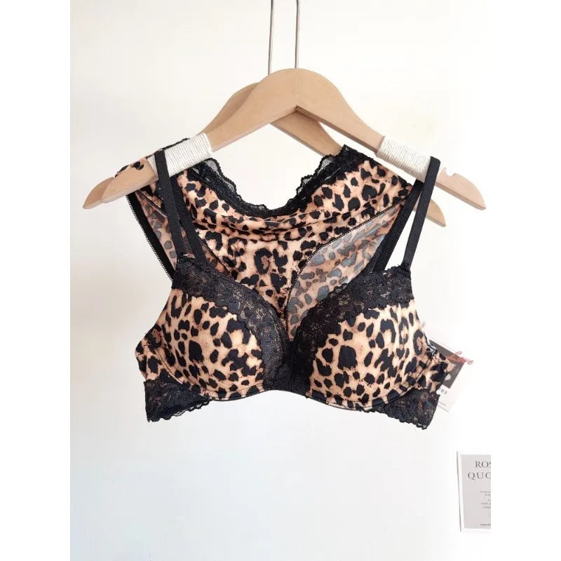 Sexy Leopard Print Lingerie Set Women Wireless Invisible Push Up Small Breasts,adjustable A To C Cup,sheer Lace Pure Design, S-X