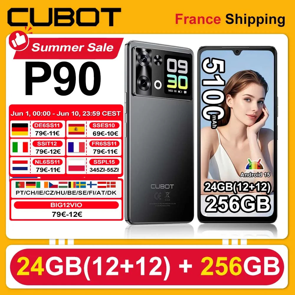 Cubot P90 Smartphone Android 15 24(12+12)GB + 256GB 6.88 "120Hz G100 64MP+16MP 5100mAh Mobile Phone NFC Face ID Fingerprint Main image