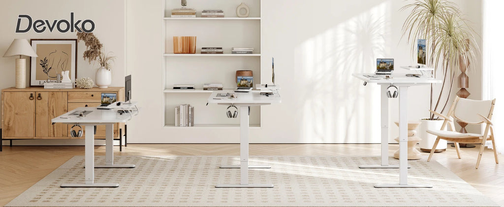 Devoko Height Adjustable desk Electric 180 × 80cm with Monitor Stand Ergonomic Seat Standing Desk (White)