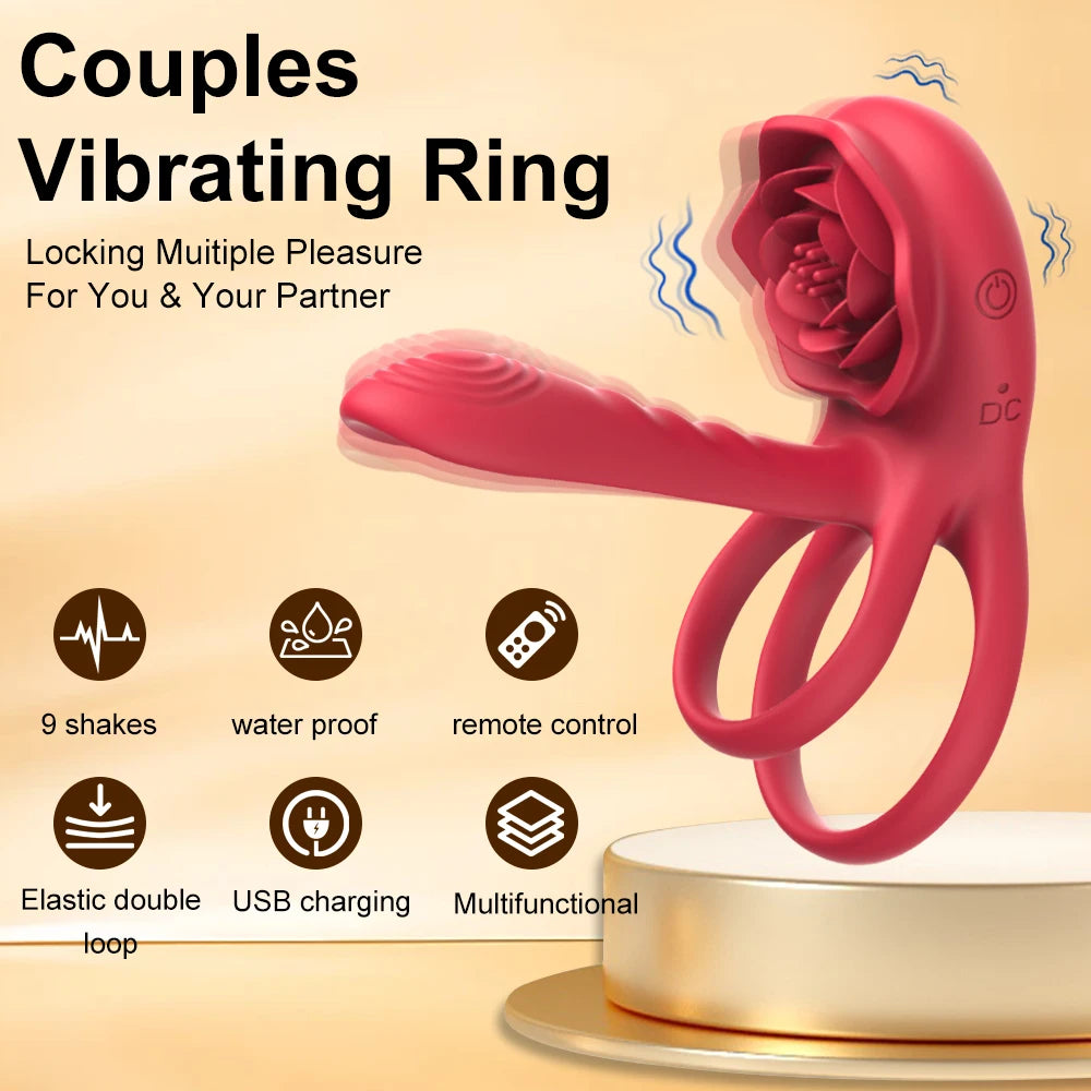 Rose Penis Ring Vibrator Female G-spot Clitoral Stimulation Male Ejaculation Delay Silicone CockRing Adult Sex Toy for Couples