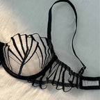 Black Lace Lingerie Set – Sheer Eyelash Mesh Push-Up Bra and Panty with Triangle Cup Design