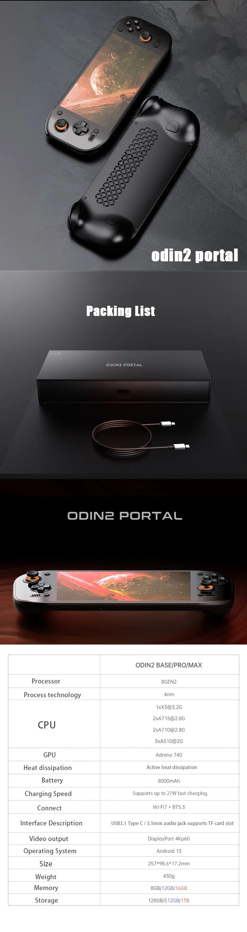 Ayn Odin 2 Portal Retro Handheld Game Console | 7" 120Hz Display, 8 Gen 2, 8000mAh Portable Video Game Console for Gift