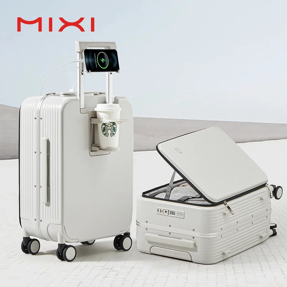 Mixi NEW Aluminum Frame Suitcase Carry On Rolling Luggage with USB Port Boarding Cabin Cup and Phone Holder 20 24 Inch Main image