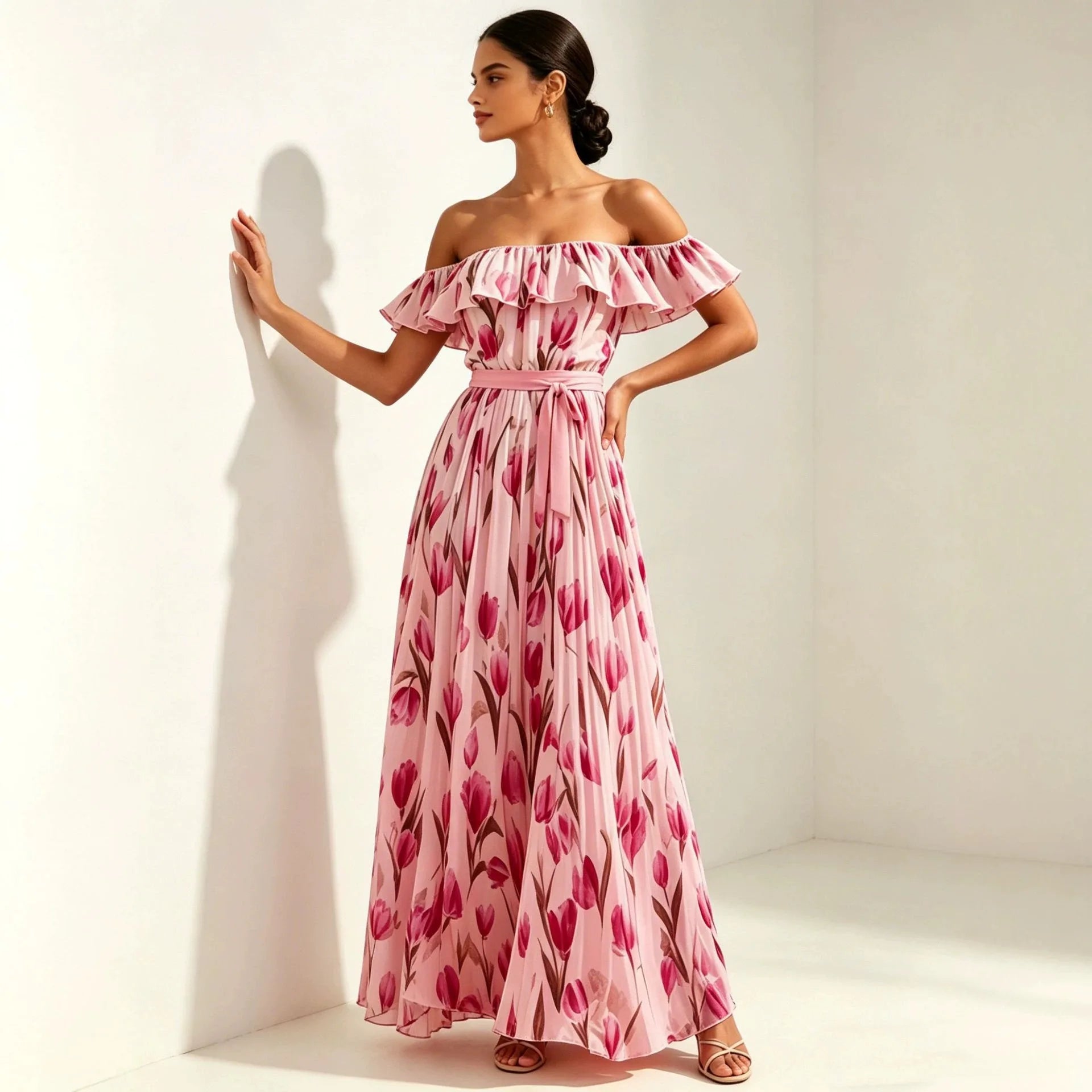 2026 summer off-the-shoulder tulip print plus size slimming square neck maxi dress