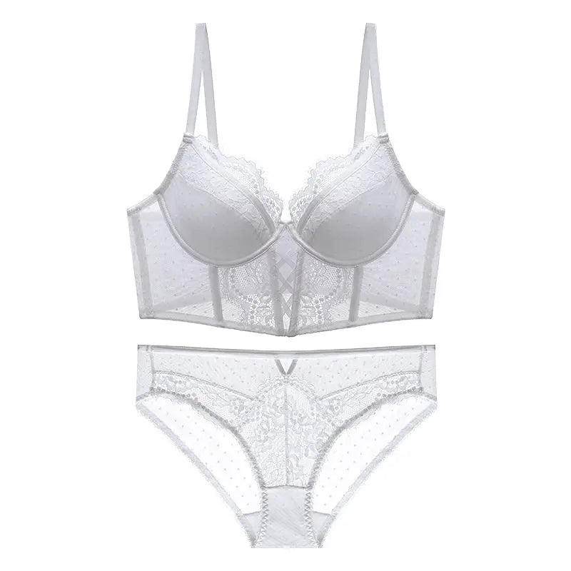 French Lace Push Up Lingerie Set Mulher Thin Underwire Bra Sheer Ruched Chemise Soft Petite Small Bust S-XL Hot Sale